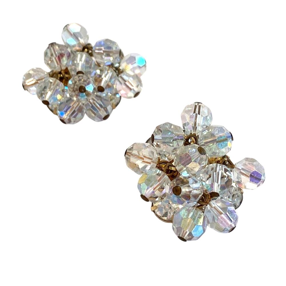 Vintage clip on earrings clear crystal clusters dangles movement retro bling